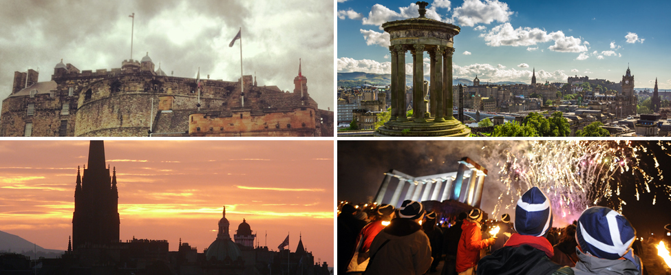 A montage of four photos showing Edinburgh Castle under cloudy skies, a view across sunny Edinburgh from Calton Hill, a red and yellow sunset with a silhouetted Edinburgh skyline and wooly hat-wearing partygoers enjoying a fireworks display at night.