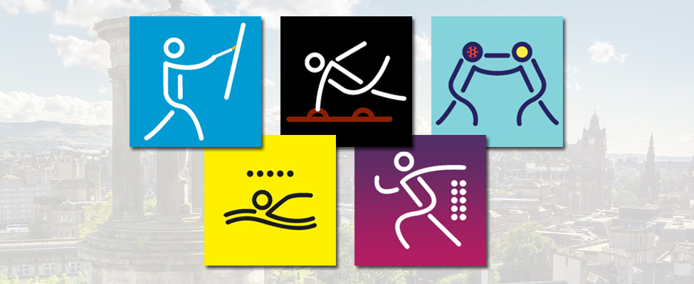 A graphic showing 5 icons, each representing a different Olympic event and each in the 2016 colour schemes of Edinburgh's Festivals